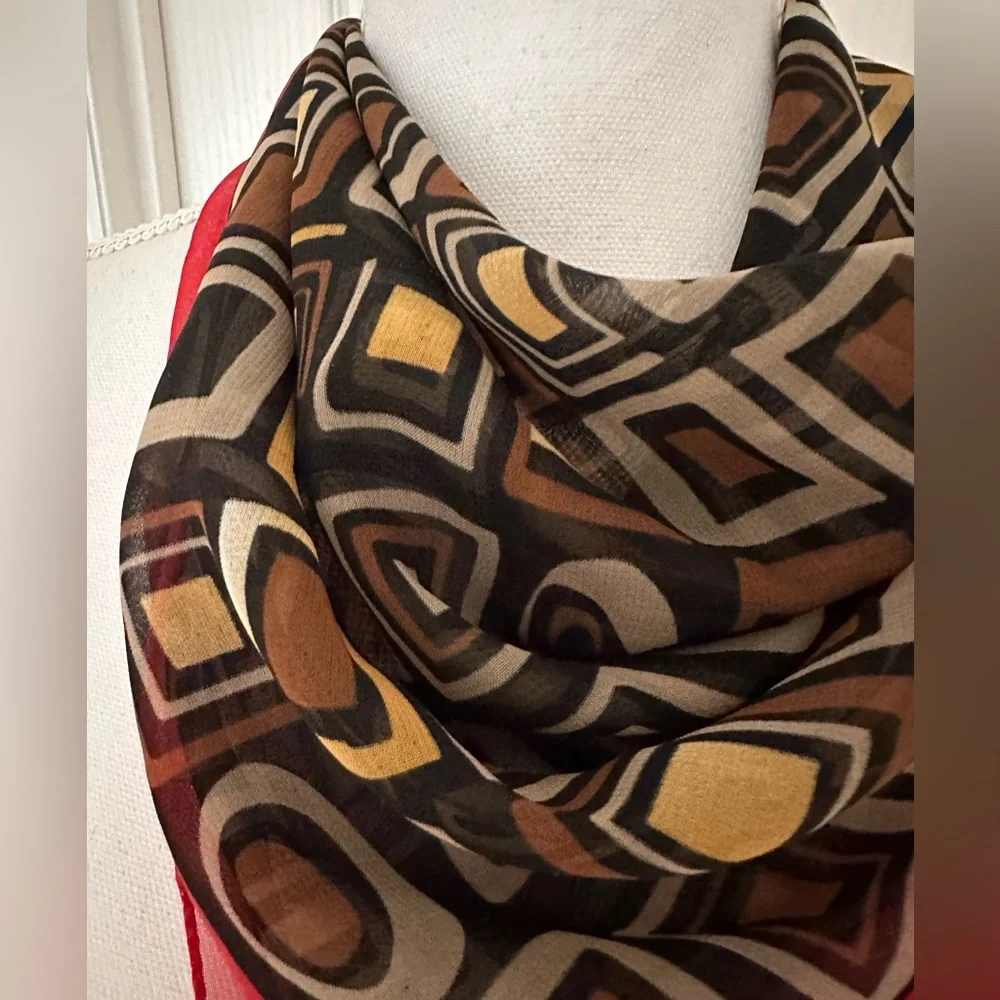 Vtg Italian Square Scarf with Multi-colored Geometric and Red Edging